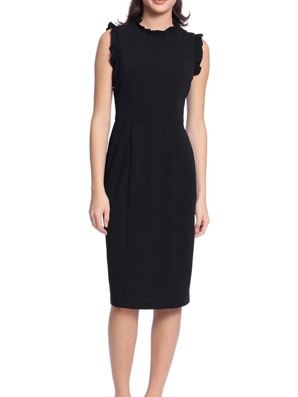 Maggy London Black Ruffle-Shoulder Midi Sheath Dress